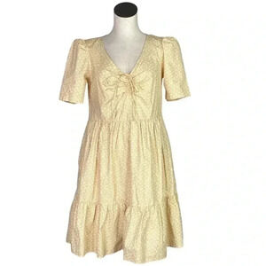 Levis Dress Womens S Yellow Cotton Floral V Neck Ruffle Puff Sleeve Pockets NEW